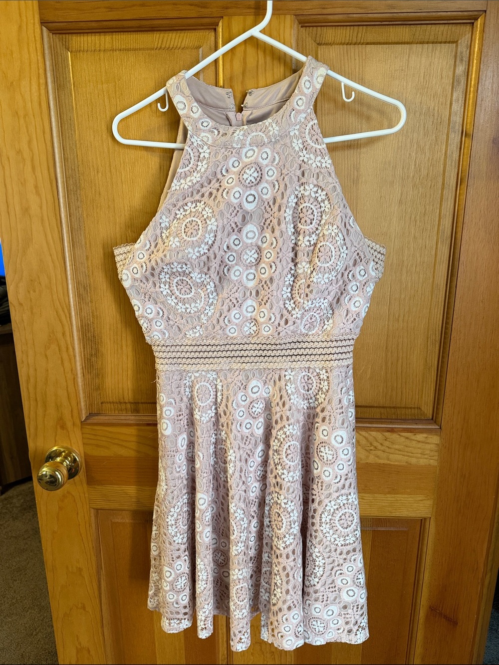 City Triangles Blush Pink Lace Halter Mini Dress